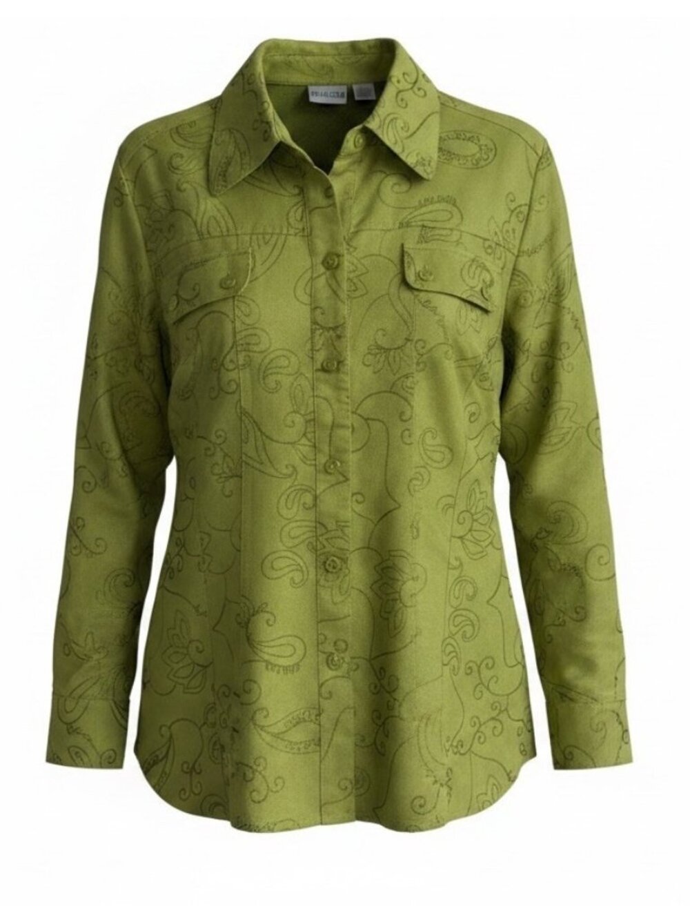 VTG Chicos Womens Faux Suede Embroidered Button Up Shirt Sz L Bright Green Boho